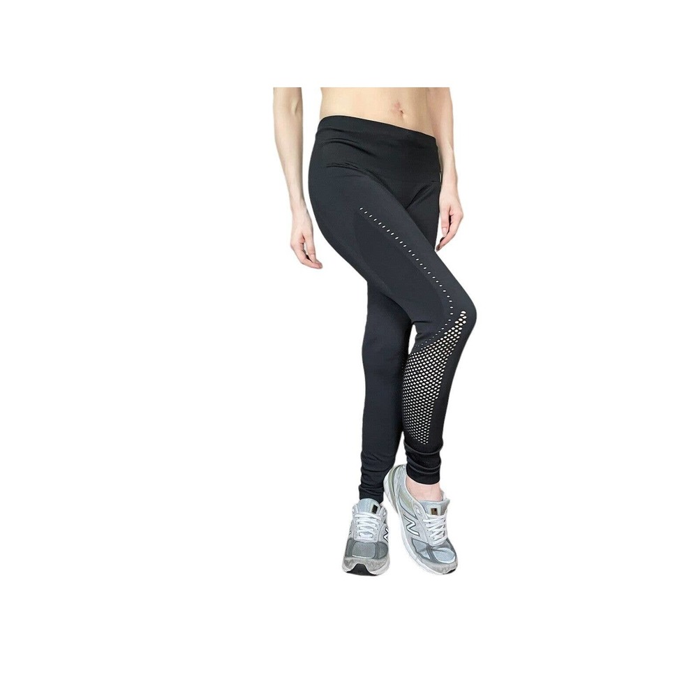 Adidas Fishnet Mesh Panels Running Foldover Tie Waist Black Leggings Size Small